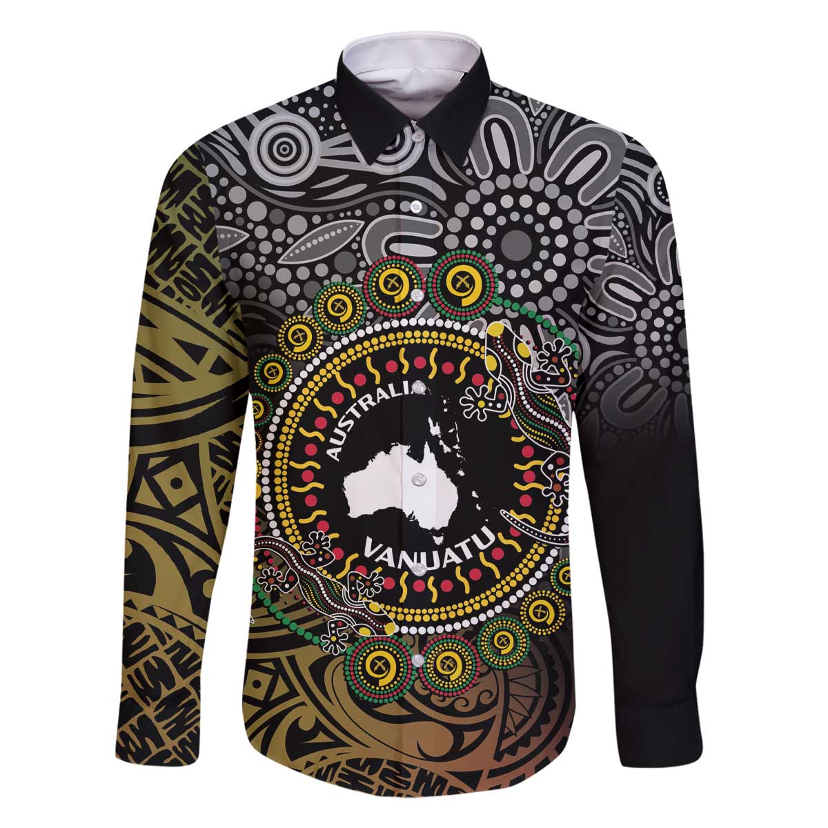 Personalised Australia And Vanuatu Family Matching Off The Shoulder Long Sleeve Dress and Hawaiian Shirt Aboriginal Lizard Polynesia Ni-Van Pig Tusk LT14 Dad's Shirt - Long Sleeve Black - Polynesian Pride