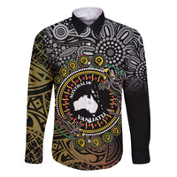 Personalised Australia And Vanuatu Family Matching Off The Shoulder Long Sleeve Dress and Hawaiian Shirt Aboriginal Lizard Polynesia Ni-Van Pig Tusk LT14 Dad's Shirt - Long Sleeve Black - Polynesian Pride