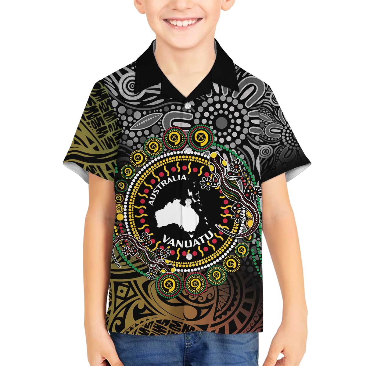 Personalised Australia And Vanuatu Family Matching Off The Shoulder Long Sleeve Dress and Hawaiian Shirt Aboriginal Lizard Polynesia Ni-Van Pig Tusk LT14 Son's Shirt Black - Polynesian Pride