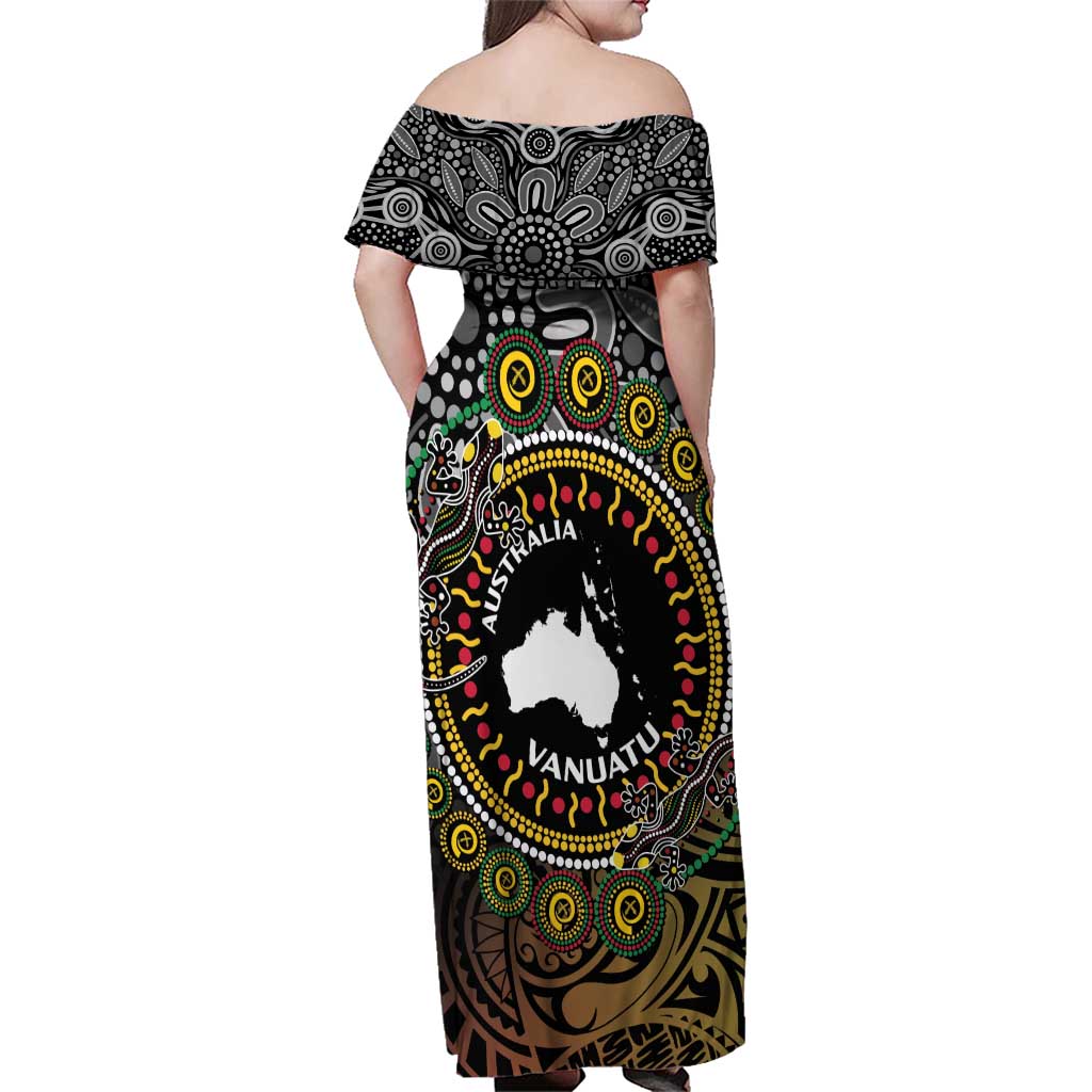 Personalised Australia And Vanuatu Family Matching Off Shoulder Maxi Dress and Hawaiian Shirt Aboriginal Lizard Polynesia Ni-Van Pig Tusk
