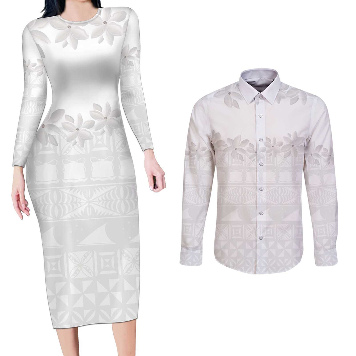 Tokelau White Sunday Couples Matching Long Sleeve Bodycon Dress and Long Sleeve Button Shirt Polynesian Pattern Gardenia Thunbergia