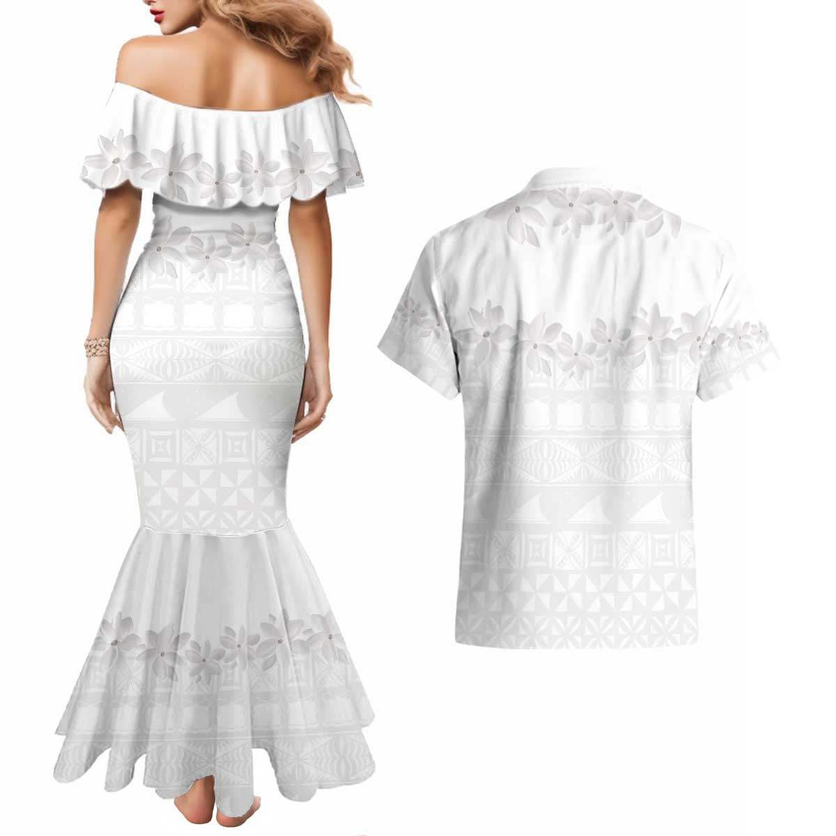 Tokelau White Sunday Couples Matching Mermaid Dress and Hawaiian Shirt Polynesian Pattern Gardenia Thunbergia