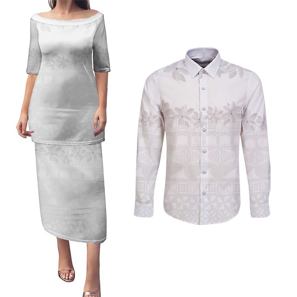 Tokelau White Sunday Couples Matching Puletasi and Long Sleeve Button Shirt Polynesian Pattern Gardenia Thunbergia