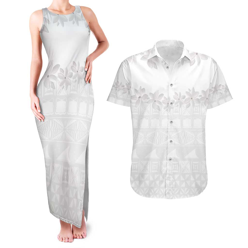 Tokelau White Sunday Couples Matching Tank Maxi Dress and Hawaiian Shirt Polynesian Pattern Gardenia Thunbergia