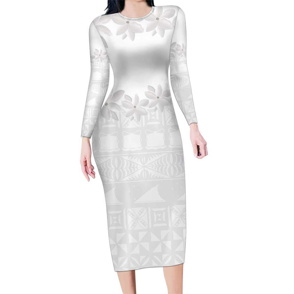 Tokelau White Sunday Family Matching Long Sleeve Bodycon Dress and Hawaiian Shirt Polynesian Pattern Gardenia Thunbergia LT14 Mom's Dress White - Polynesian Pride