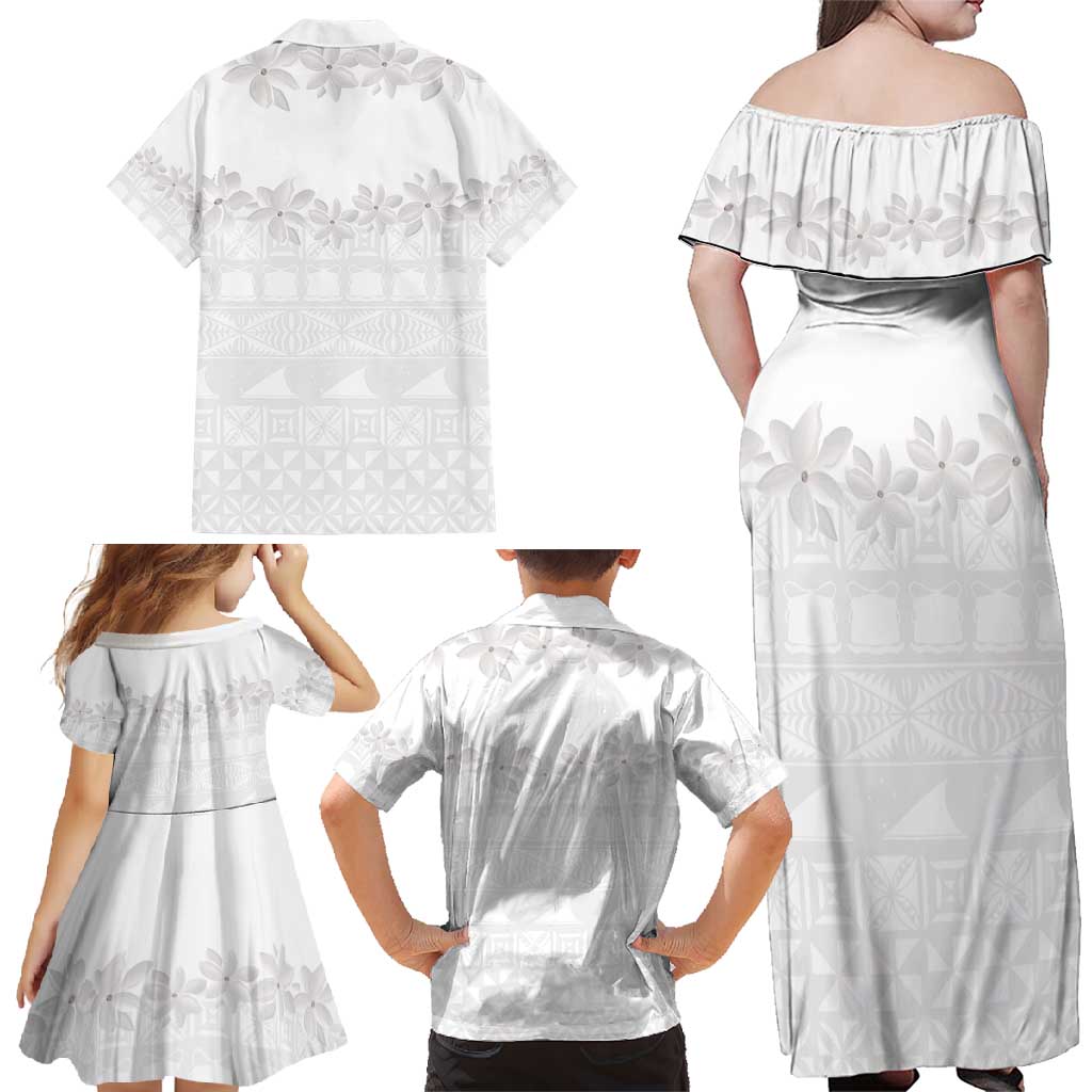 Tokelau White Sunday Family Matching Off Shoulder Maxi Dress and Hawaiian Shirt Polynesian Pattern Gardenia Thunbergia LT14 - Polynesian Pride