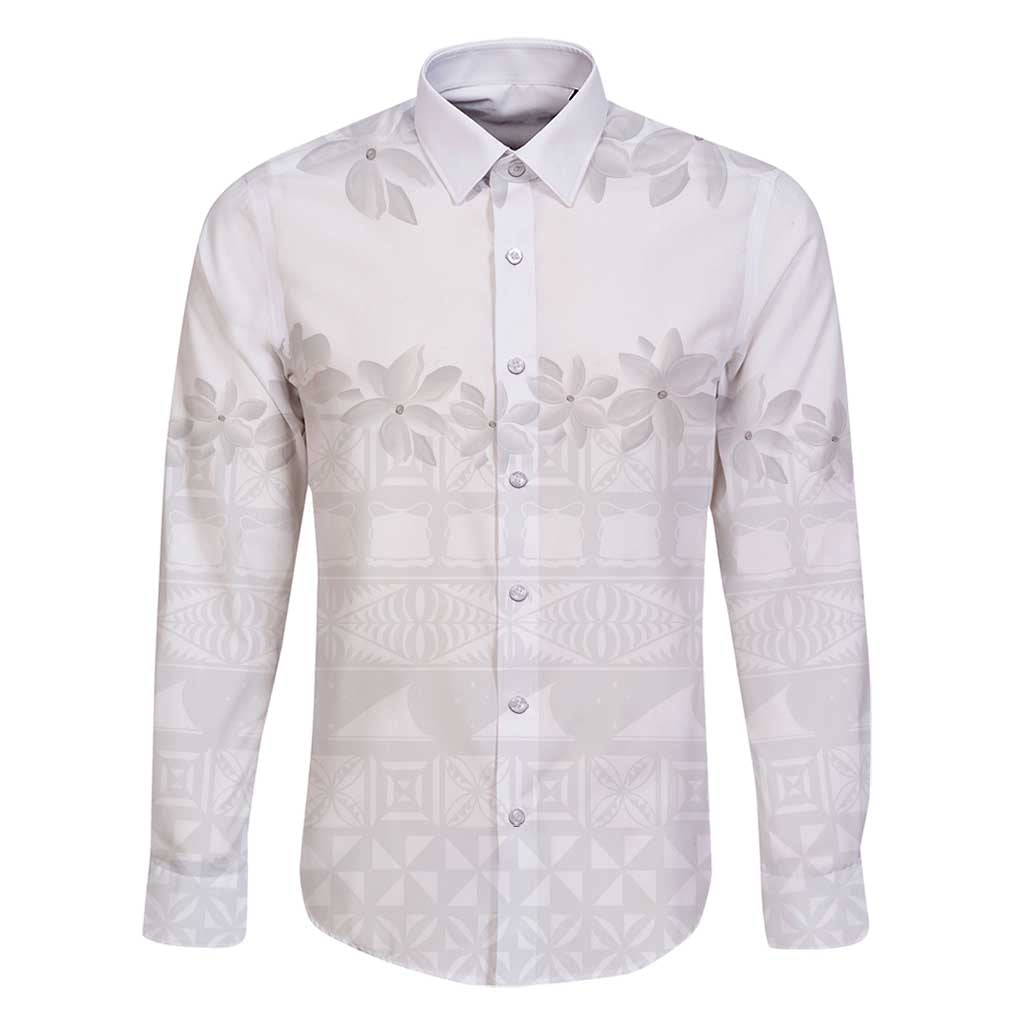 Tokelau White Sunday Family Matching Off Shoulder Maxi Dress and Hawaiian Shirt Polynesian Pattern Gardenia Thunbergia LT14 Dad's Shirt - Long Sleeve White - Polynesian Pride