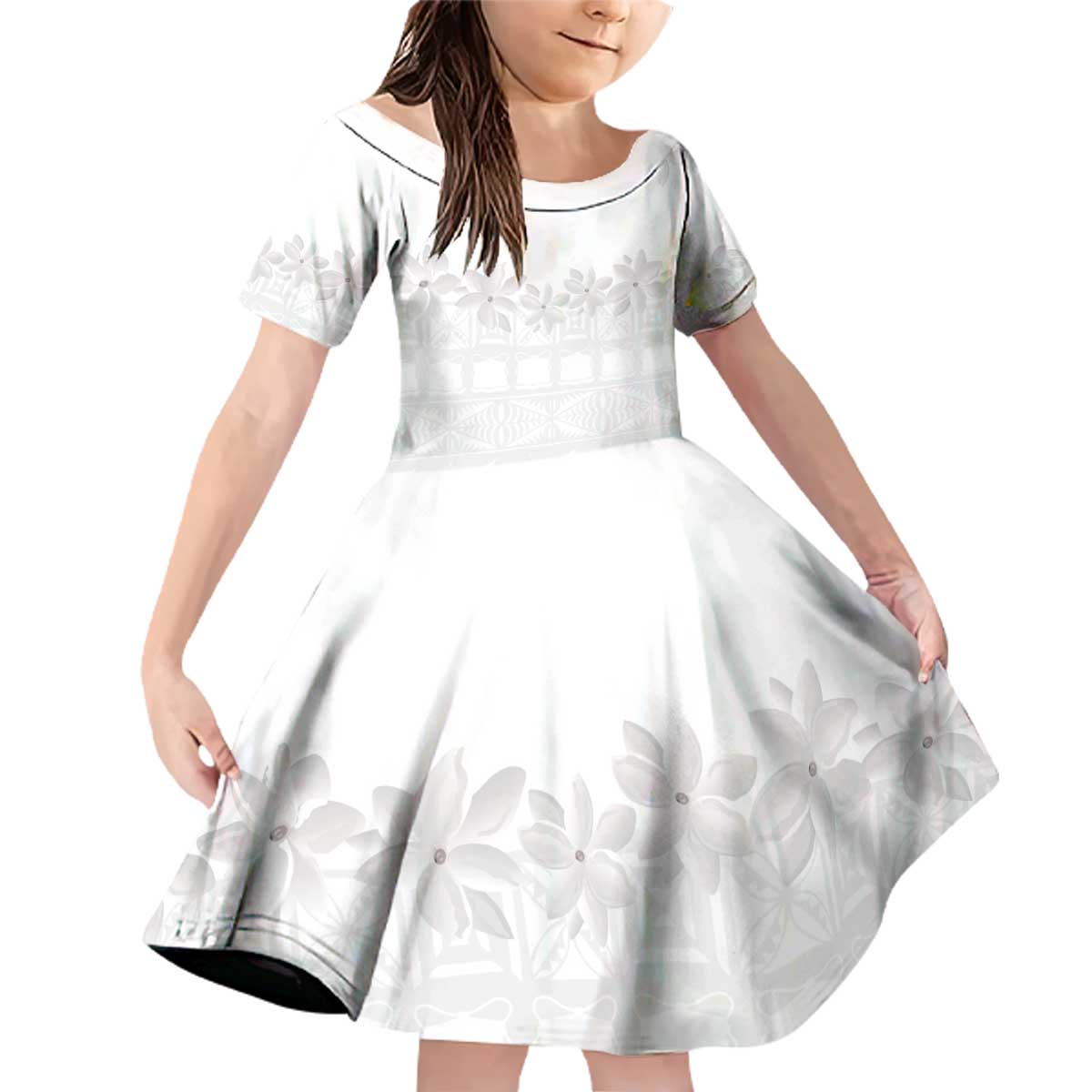 Tokelau White Sunday Family Matching Off Shoulder Short Dress and Hawaiian Shirt Polynesian Pattern Gardenia Thunbergia LT14 Daughter's Dress White - Polynesian Pride