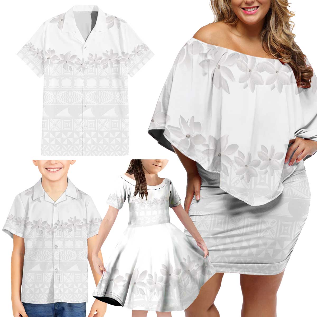 Tokelau White Sunday Family Matching Off Shoulder Short Dress and Hawaiian Shirt Polynesian Pattern Gardenia Thunbergia LT14 - Polynesian Pride