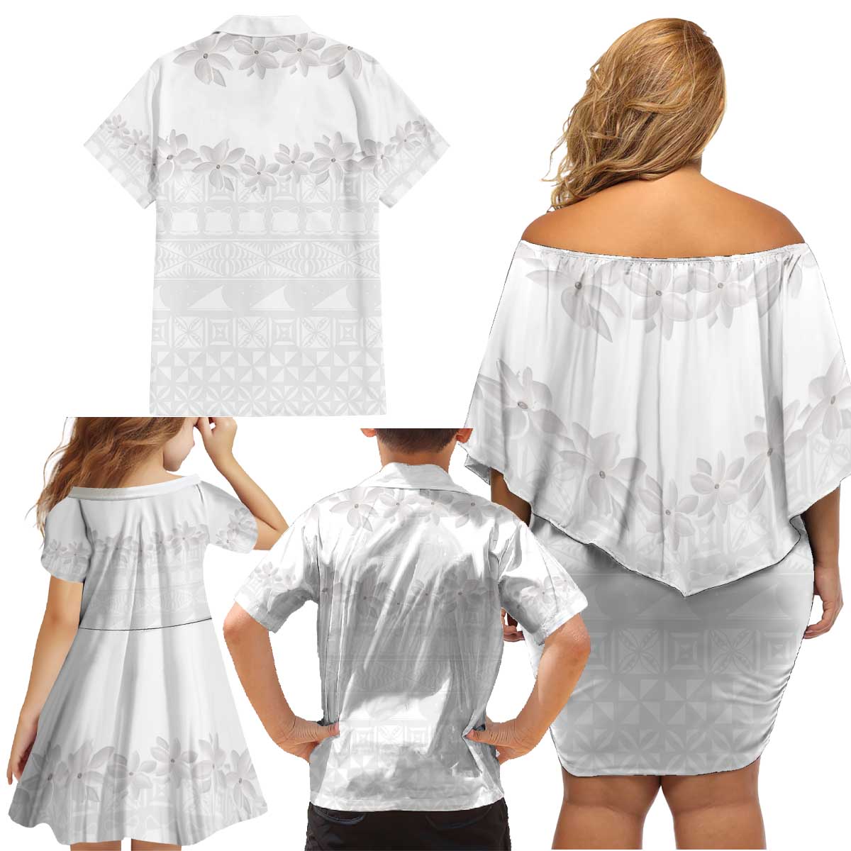 Tokelau White Sunday Family Matching Off Shoulder Short Dress and Hawaiian Shirt Polynesian Pattern Gardenia Thunbergia LT14 - Polynesian Pride