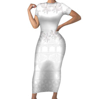 Tokelau White Sunday Family Matching Short Sleeve Bodycon Dress and Hawaiian Shirt Polynesian Pattern Gardenia Thunbergia LT14 Mom's Dress White - Polynesian Pride