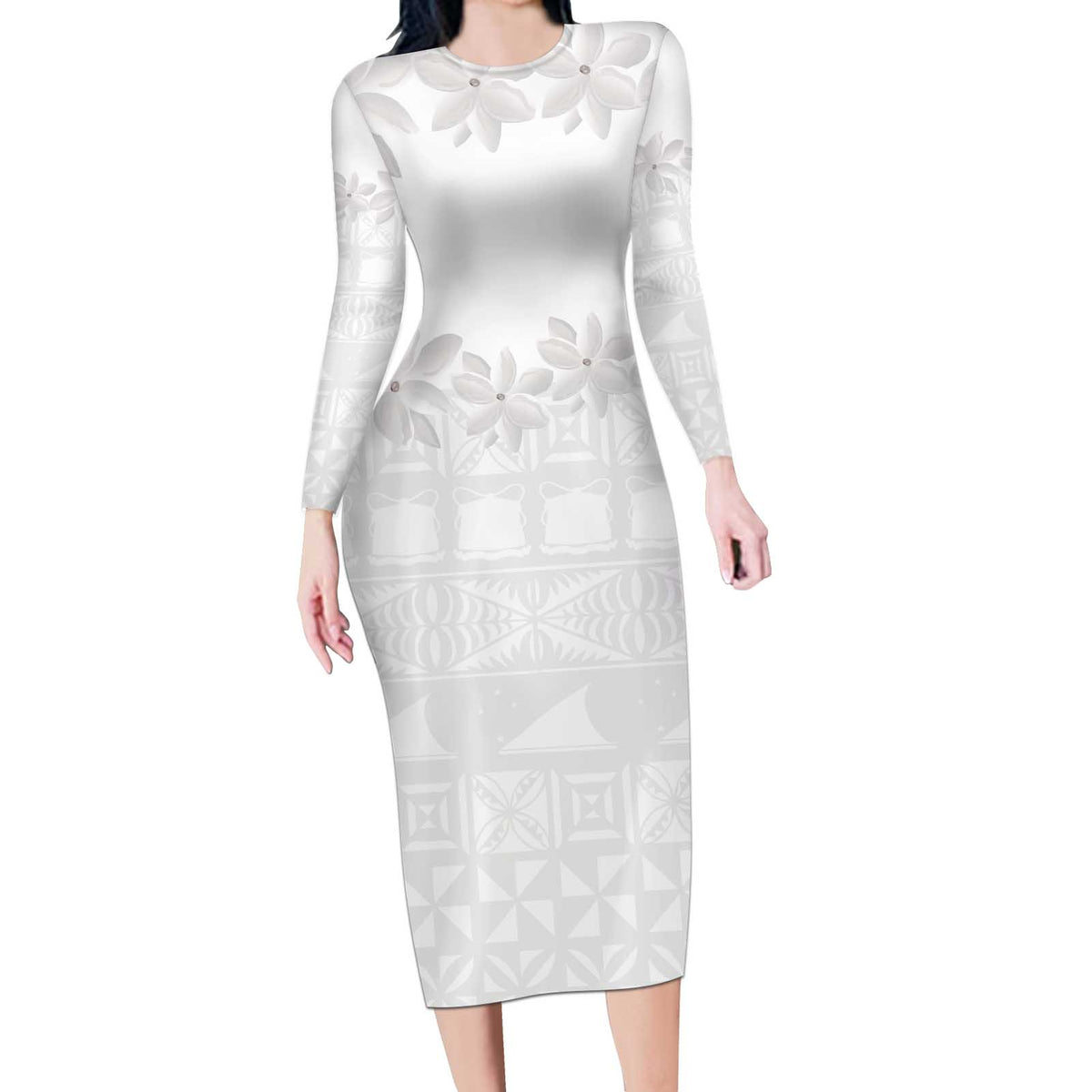 Tokelau White Sunday Long Sleeve Bodycon Dress Polynesian Pattern Gardenia Thunbergia
