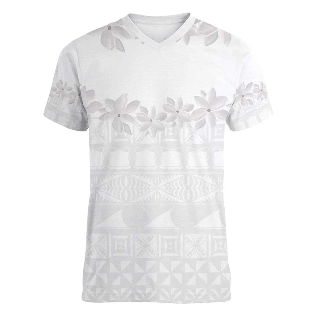 Tokelau White Sunday Women V-Neck T-Shirt Polynesian Pattern Gardenia Thunbergia LT14 Female White - Polynesian Pride