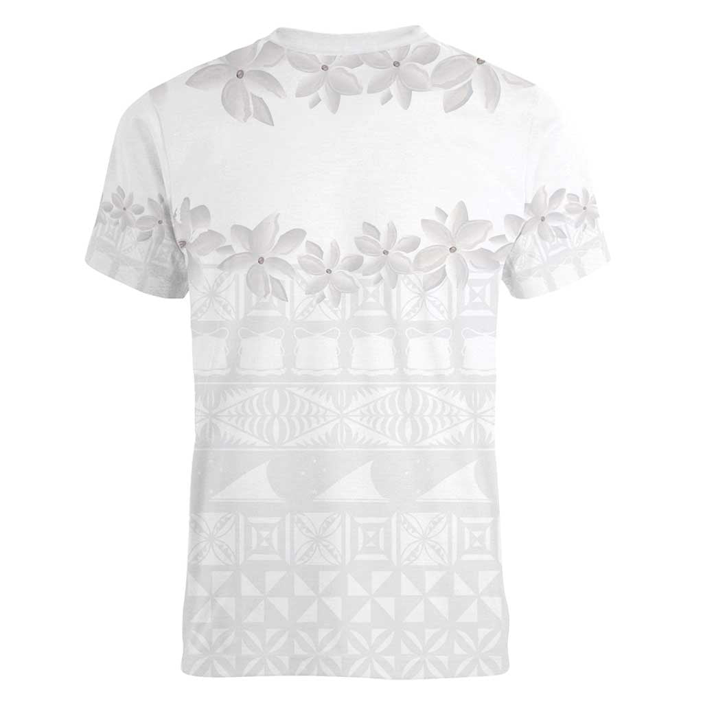 Tokelau White Sunday Women V-Neck T-Shirt Polynesian Pattern Gardenia Thunbergia LT14 - Polynesian Pride