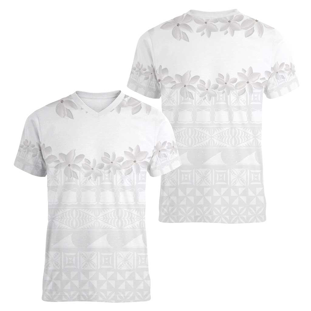 Tokelau White Sunday Women V-Neck T-Shirt Polynesian Pattern Gardenia Thunbergia LT14 - Polynesian Pride