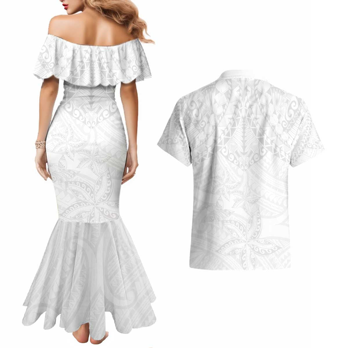 American Samoa White Sunday Couples Matching Mermaid Dress and Hawaiian Shirt Lotu Tamaiti Plumeria With Samoan Pattern LT14 - Polynesian Pride