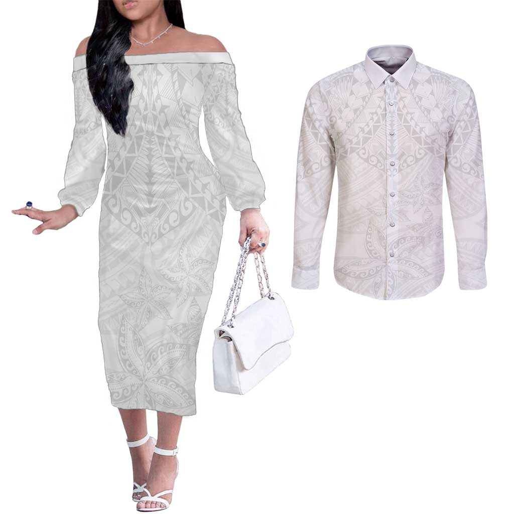 American Samoa White Sunday Couples Matching Off The Shoulder Long Sleeve Dress and Long Sleeve Button Shirt Lotu Tamaiti Plumeria With Samoan Pattern