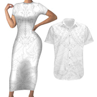 American Samoa White Sunday Couples Matching Short Sleeve Bodycon Dress and Hawaiian Shirt Lotu Tamaiti Plumeria With Samoan Pattern LT14 White - Polynesian Pride