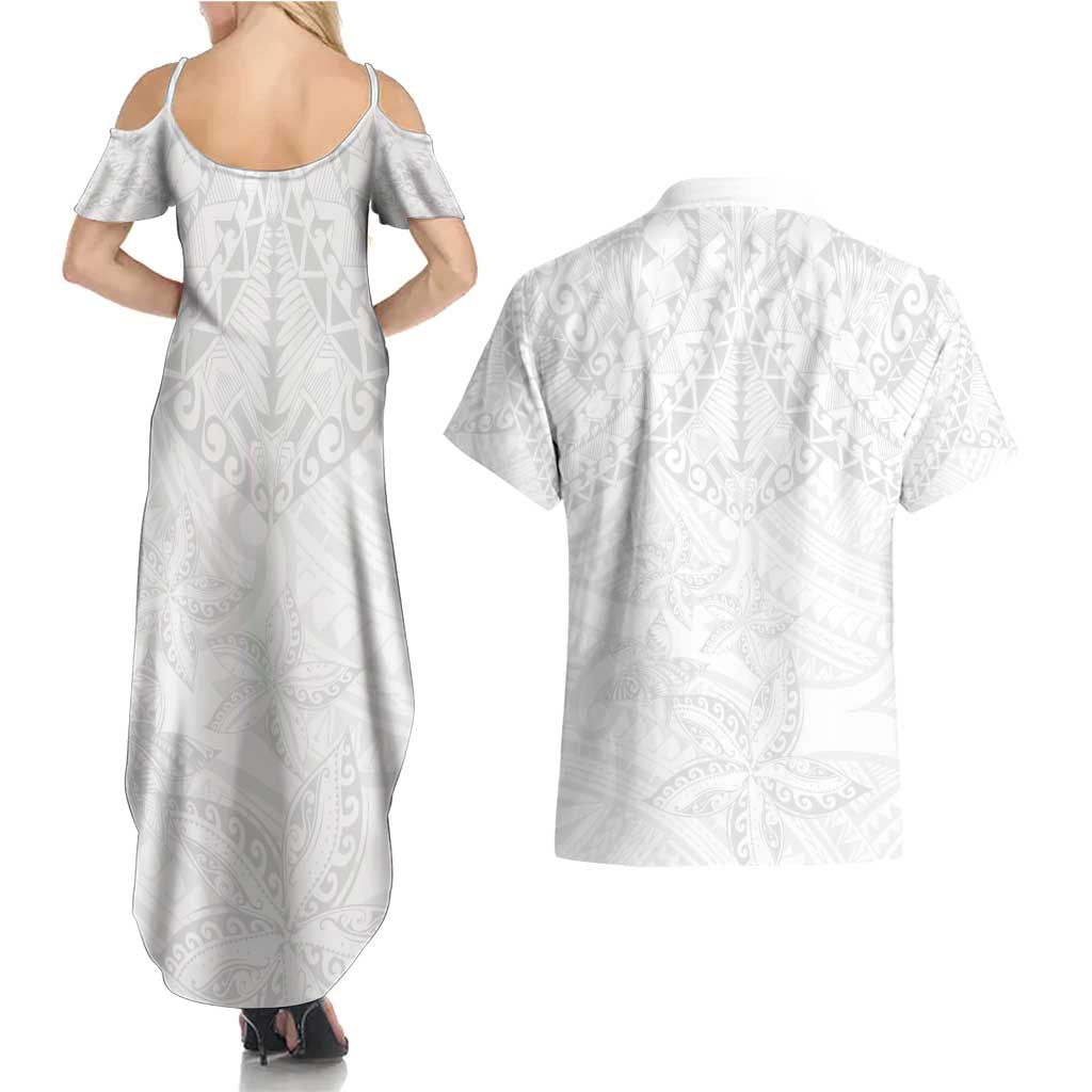 American Samoa White Sunday Couples Matching Summer Maxi Dress and Hawaiian Shirt Lotu Tamaiti Plumeria With Samoan Pattern