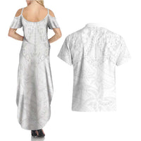 American Samoa White Sunday Couples Matching Summer Maxi Dress and Hawaiian Shirt Lotu Tamaiti Plumeria With Samoan Pattern