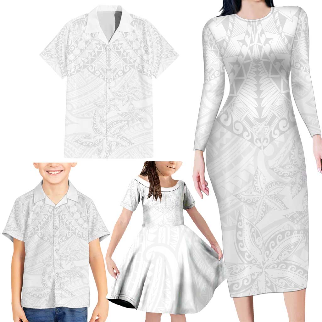 American Samoa White Sunday Family Matching Long Sleeve Bodycon Dress and Hawaiian Shirt Lotu Tamaiti Plumeria With Samoan Pattern LT14 - Polynesian Pride