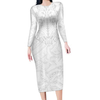 American Samoa White Sunday Family Matching Long Sleeve Bodycon Dress and Hawaiian Shirt Lotu Tamaiti Plumeria With Samoan Pattern LT14 Mom's Dress White - Polynesian Pride