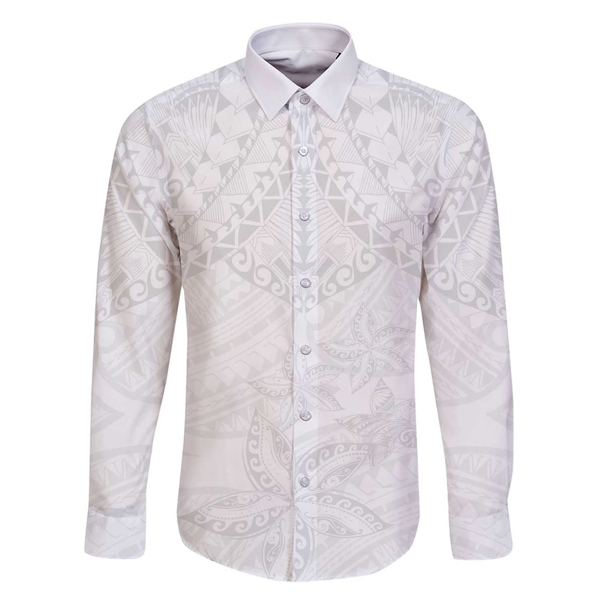 American Samoa White Sunday Family Matching Off Shoulder Short Dress and Hawaiian Shirt Lotu Tamaiti Plumeria With Samoan Pattern LT14 Dad's Shirt - Long Sleeve White - Polynesian Pride