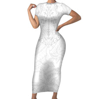 American Samoa White Sunday Family Matching Short Sleeve Bodycon Dress and Hawaiian Shirt Lotu Tamaiti Plumeria With Samoan Pattern LT14 Mom's Dress White - Polynesian Pride