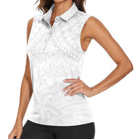American Samoa White Sunday Women Sleeveless Polo Shirt Lotu Tamaiti Plumeria With Samoan Pattern