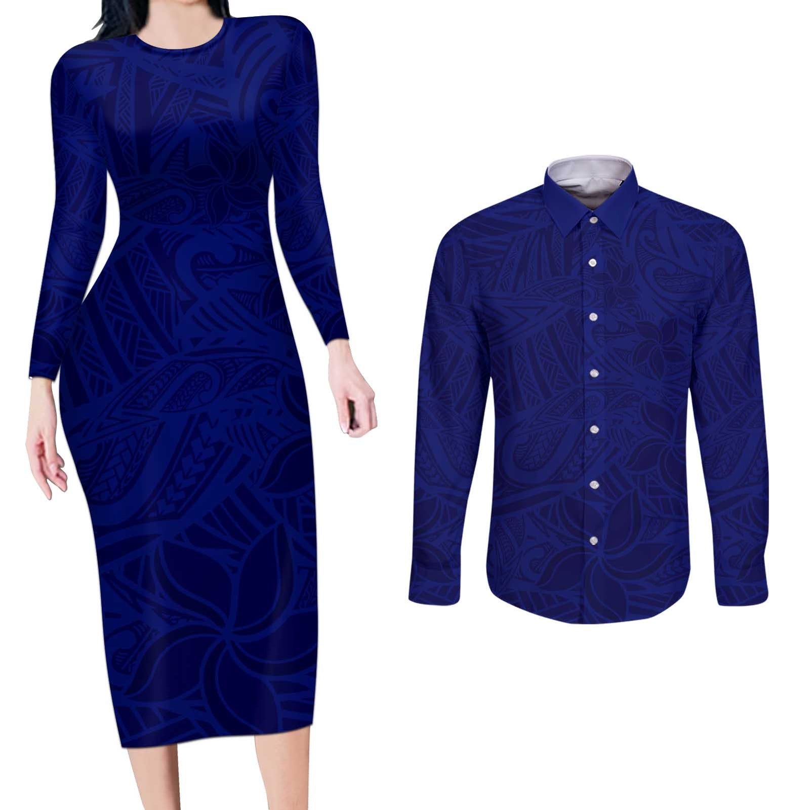 Blue Polynesia Couples Matching Long Sleeve Bodycon Dress and Long Sleeve Button Shirt Polynesian Pattern Mix Plumeria