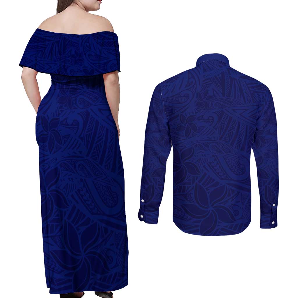 Blue Polynesia Couples Matching Off Shoulder Maxi Dress and Long Sleeve Button Shirt Polynesian Pattern Mix Plumeria