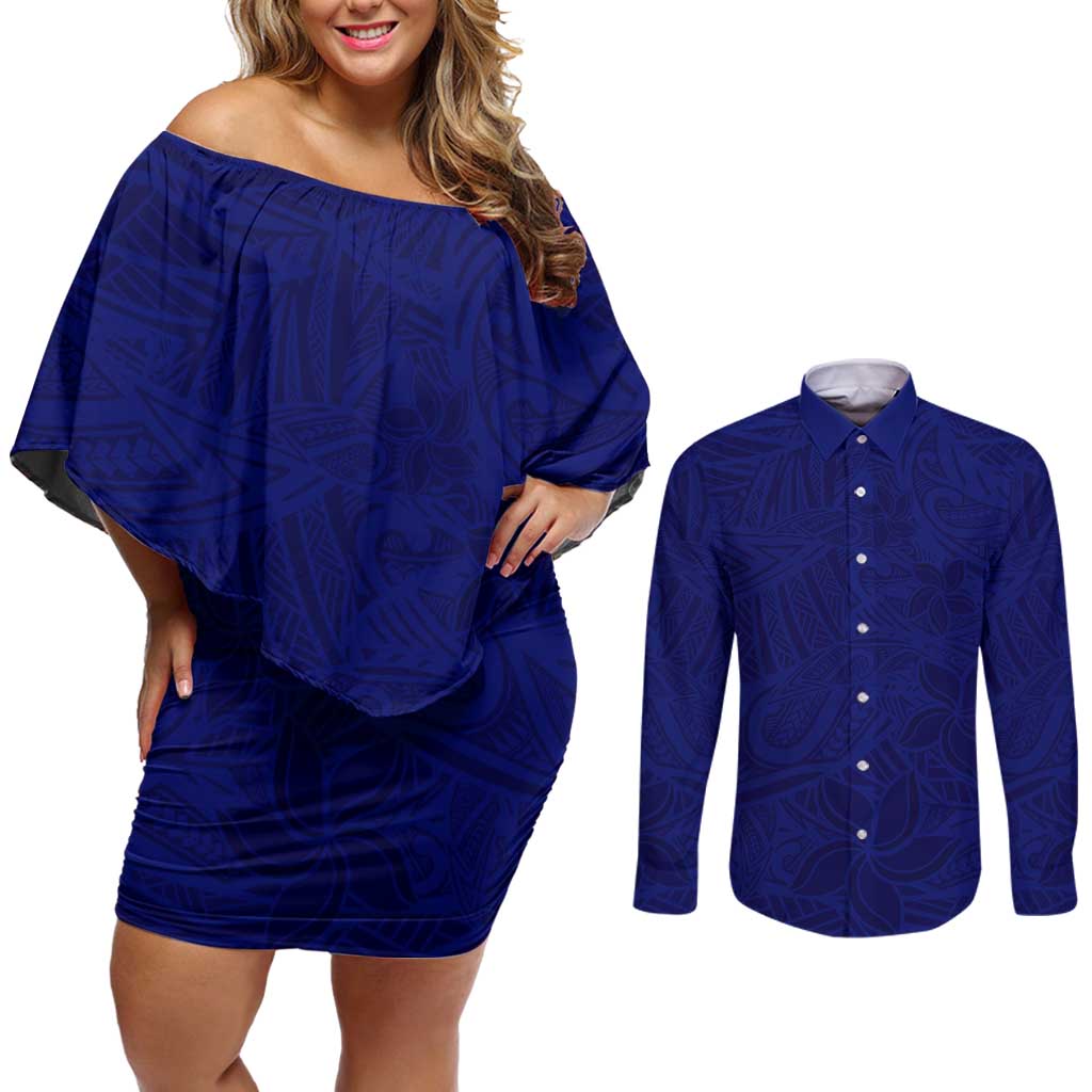 Blue Polynesia Couples Matching Off Shoulder Short Dress and Long Sleeve Button Shirt Polynesian Pattern Mix Plumeria
