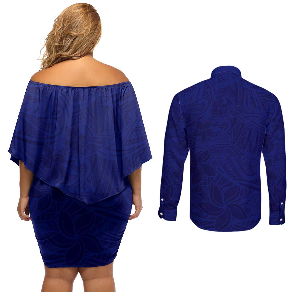 Blue Polynesia Couples Matching Off Shoulder Short Dress and Long Sleeve Button Shirt Polynesian Pattern Mix Plumeria