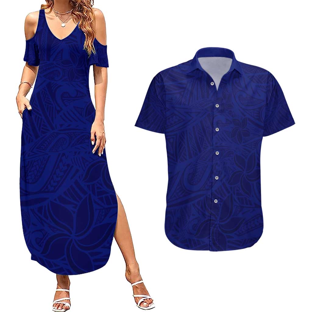 Blue Polynesia Couples Matching Summer Maxi Dress and Hawaiian Shirt Polynesian Pattern Mix Plumeria