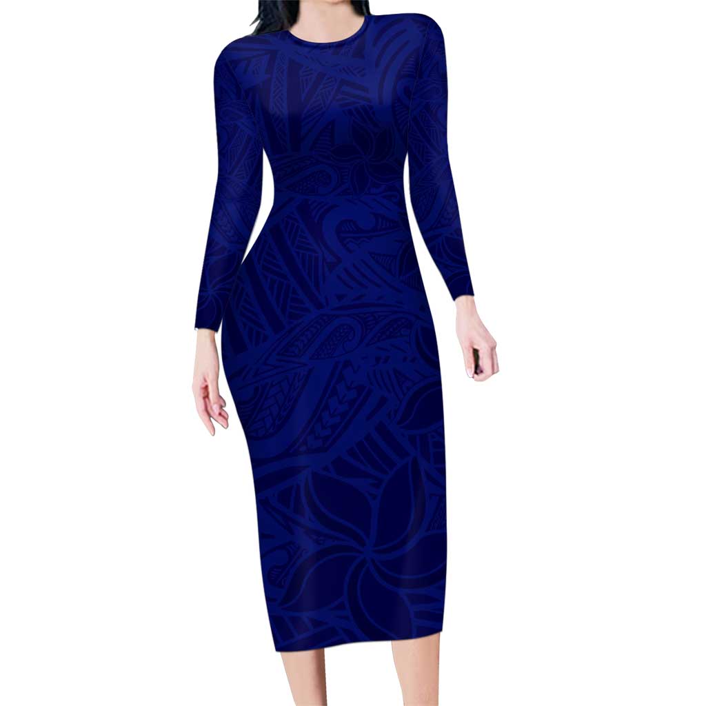 Blue Polynesia Family Matching Long Sleeve Bodycon Dress and Hawaiian Shirt Polynesian Pattern Mix Plumeria LT14 Mom's Dress Blue - Polynesian Pride