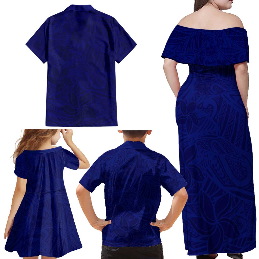 Blue Polynesia Family Matching Off Shoulder Maxi Dress and Hawaiian Shirt Polynesian Pattern Mix Plumeria
