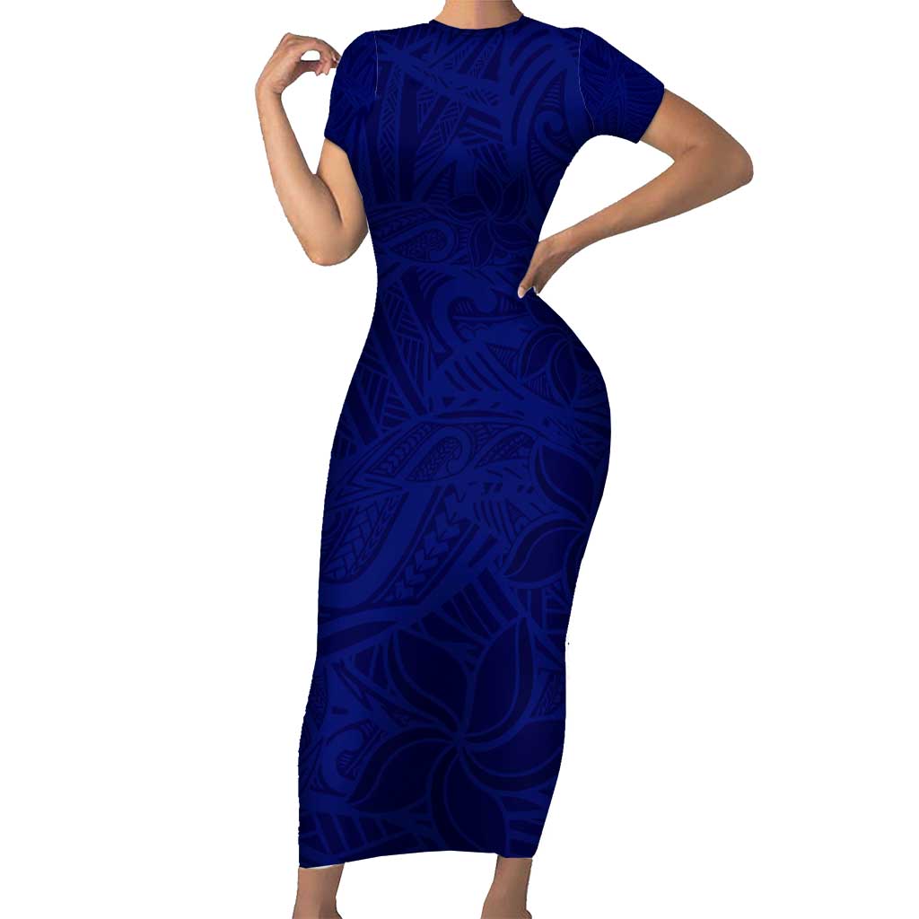 Blue Polynesia Family Matching Short Sleeve Bodycon Dress and Hawaiian Shirt Polynesian Pattern Mix Plumeria