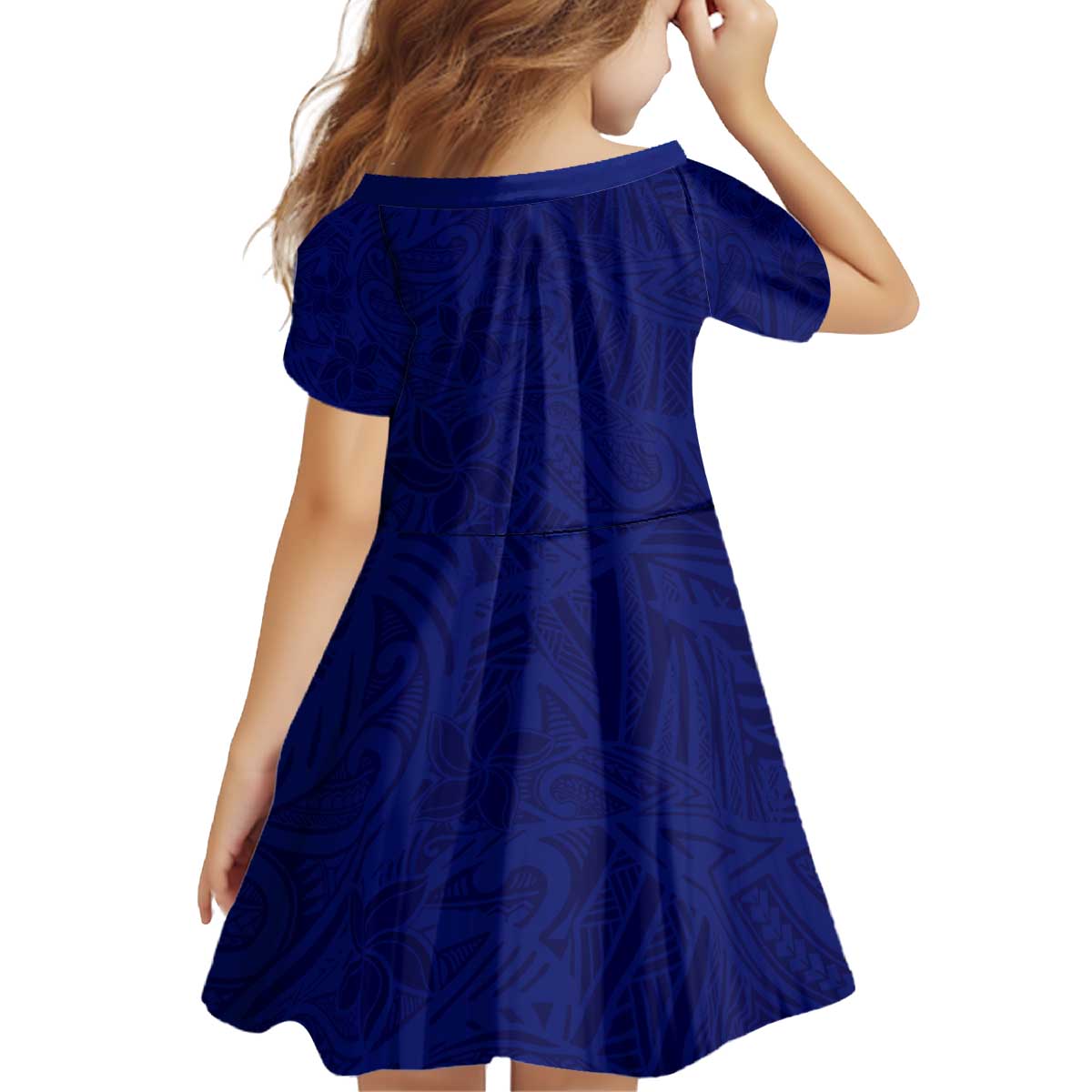 Blue Polynesia Kid Short Sleeve Dress Polynesian Pattern Mix Plumeria