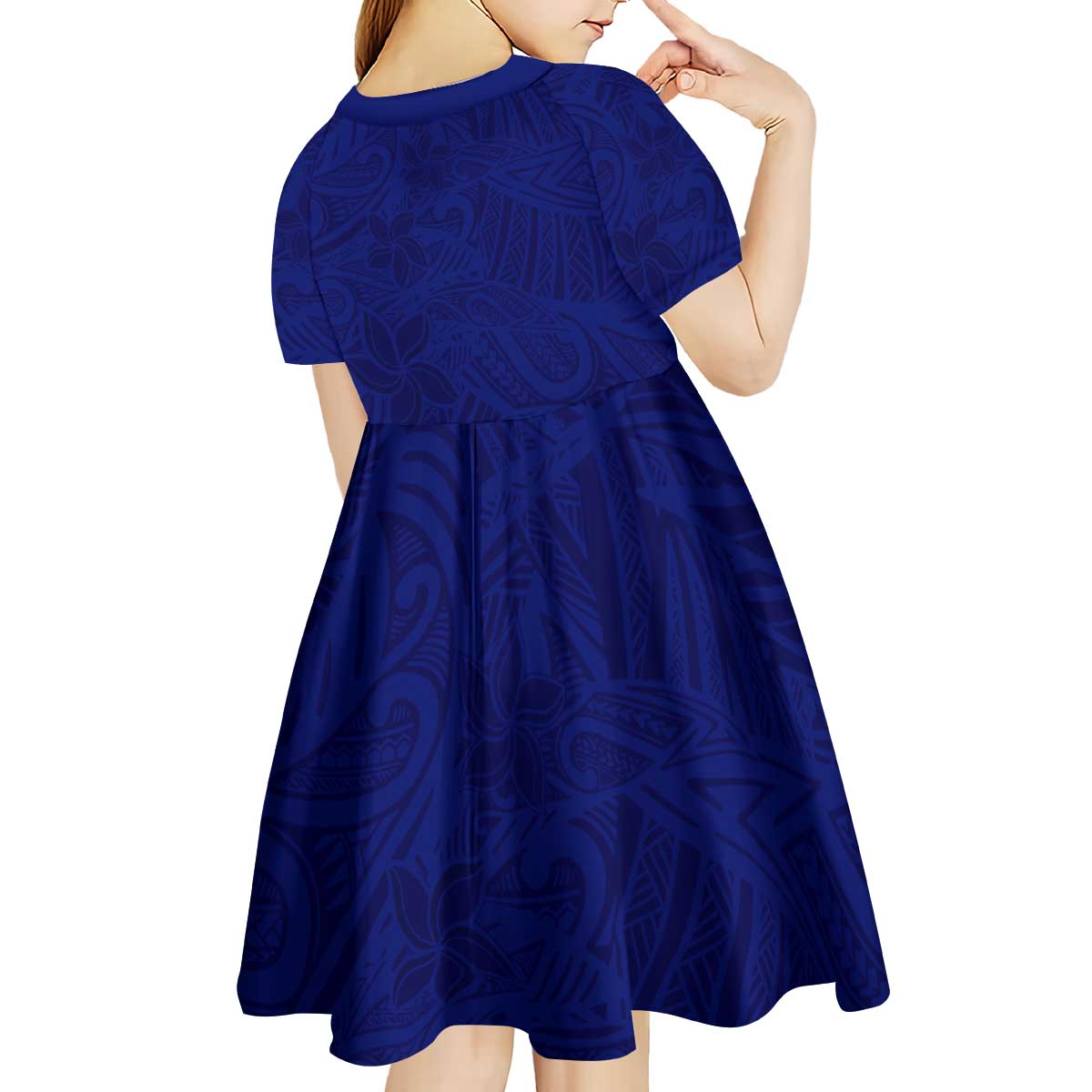 Blue Polynesia Kid Short Sleeve Dress Polynesian Pattern Mix Plumeria