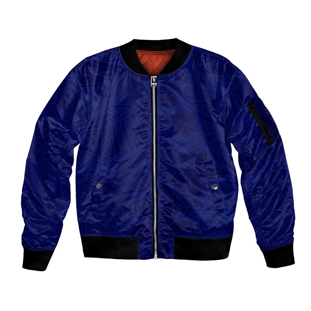 Blue Polynesia Sleeve Zip Bomber Jacket Polynesian Pattern Mix Plumeria