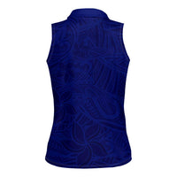 Blue Polynesia Women Sleeveless Polo Shirt Polynesian Pattern Mix Plumeria