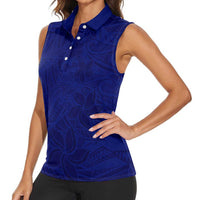 Blue Polynesia Women Sleeveless Polo Shirt Polynesian Pattern Mix Plumeria