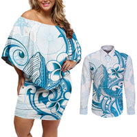 Blue Hawaii Humpback Whale Couples Matching Off Shoulder Short Dress and Long Sleeve Button Shirt Polynesian Tribal Ocean Vibes