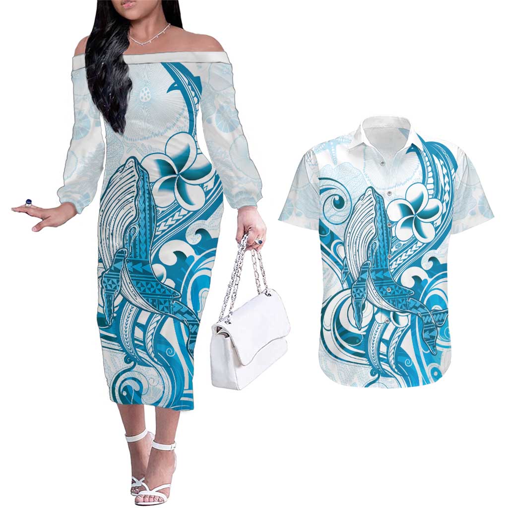 Blue Hawaii Humpback Whale Couples Matching Off The Shoulder Long Sleeve Dress and Hawaiian Shirt Polynesian Tribal Ocean Vibes