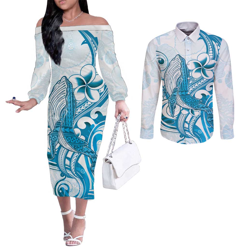 Blue Hawaii Humpback Whale Couples Matching Off The Shoulder Long Sleeve Dress and Long Sleeve Button Shirt Polynesian Tribal Ocean Vibes
