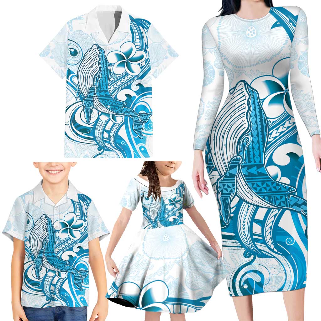 Blue Hawaii Humpback Whale Family Matching Long Sleeve Bodycon Dress and Hawaiian Shirt Polynesian Tribal Ocean Vibes LT14 - Polynesian Pride