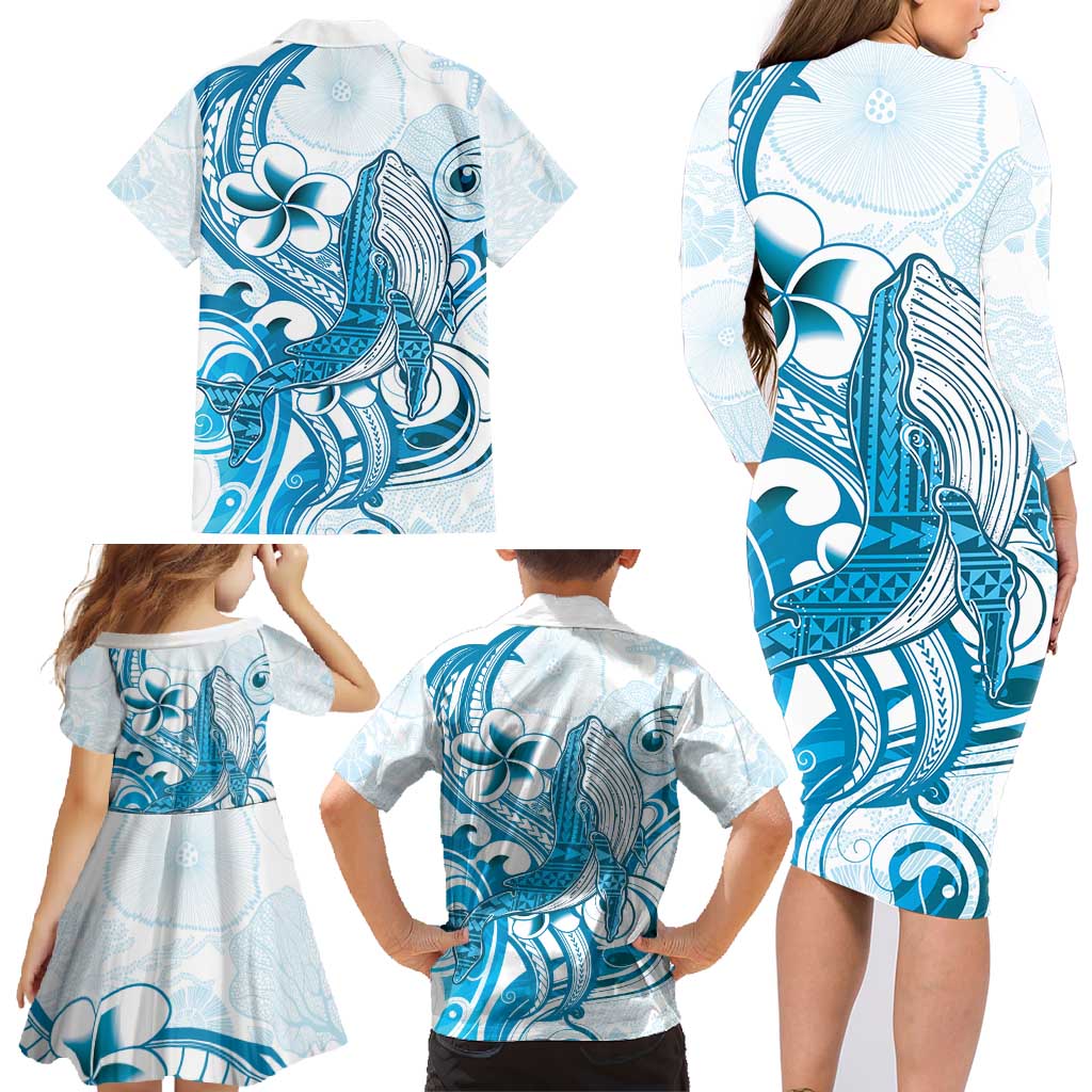 Blue Hawaii Humpback Whale Family Matching Long Sleeve Bodycon Dress and Hawaiian Shirt Polynesian Tribal Ocean Vibes LT14 - Polynesian Pride