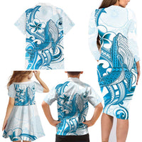 Blue Hawaii Humpback Whale Family Matching Long Sleeve Bodycon Dress and Hawaiian Shirt Polynesian Tribal Ocean Vibes LT14 - Polynesian Pride