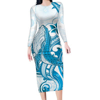 Blue Hawaii Humpback Whale Family Matching Long Sleeve Bodycon Dress and Hawaiian Shirt Polynesian Tribal Ocean Vibes LT14 Mom's Dress Blue - Polynesian Pride