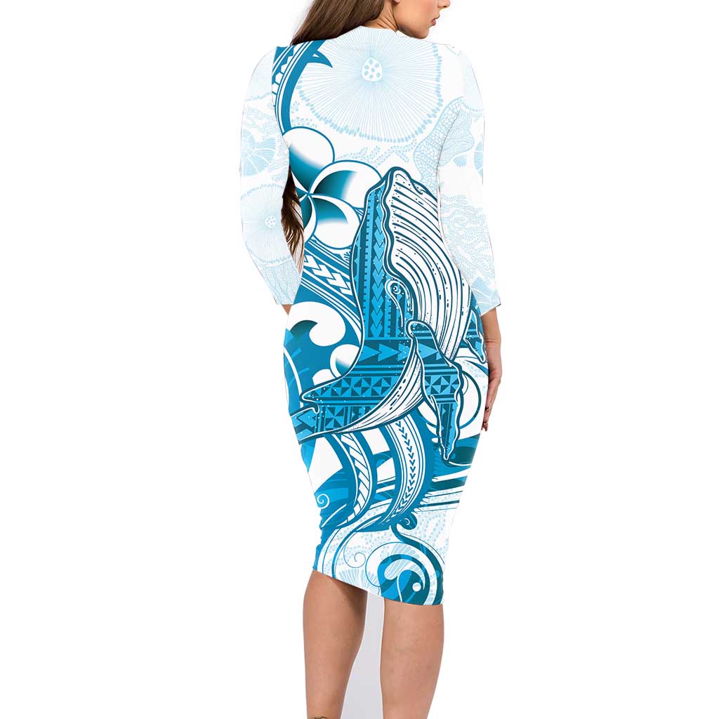 Blue Hawaii Humpback Whale Family Matching Long Sleeve Bodycon Dress and Hawaiian Shirt Polynesian Tribal Ocean Vibes LT14 - Polynesian Pride